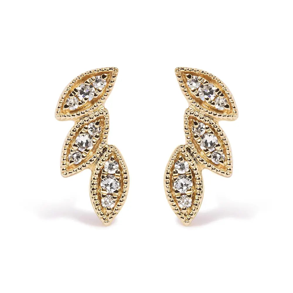 10k yellow gold 1/10 cttw diamond triple leaf stud earrings bijoux-nyc direct