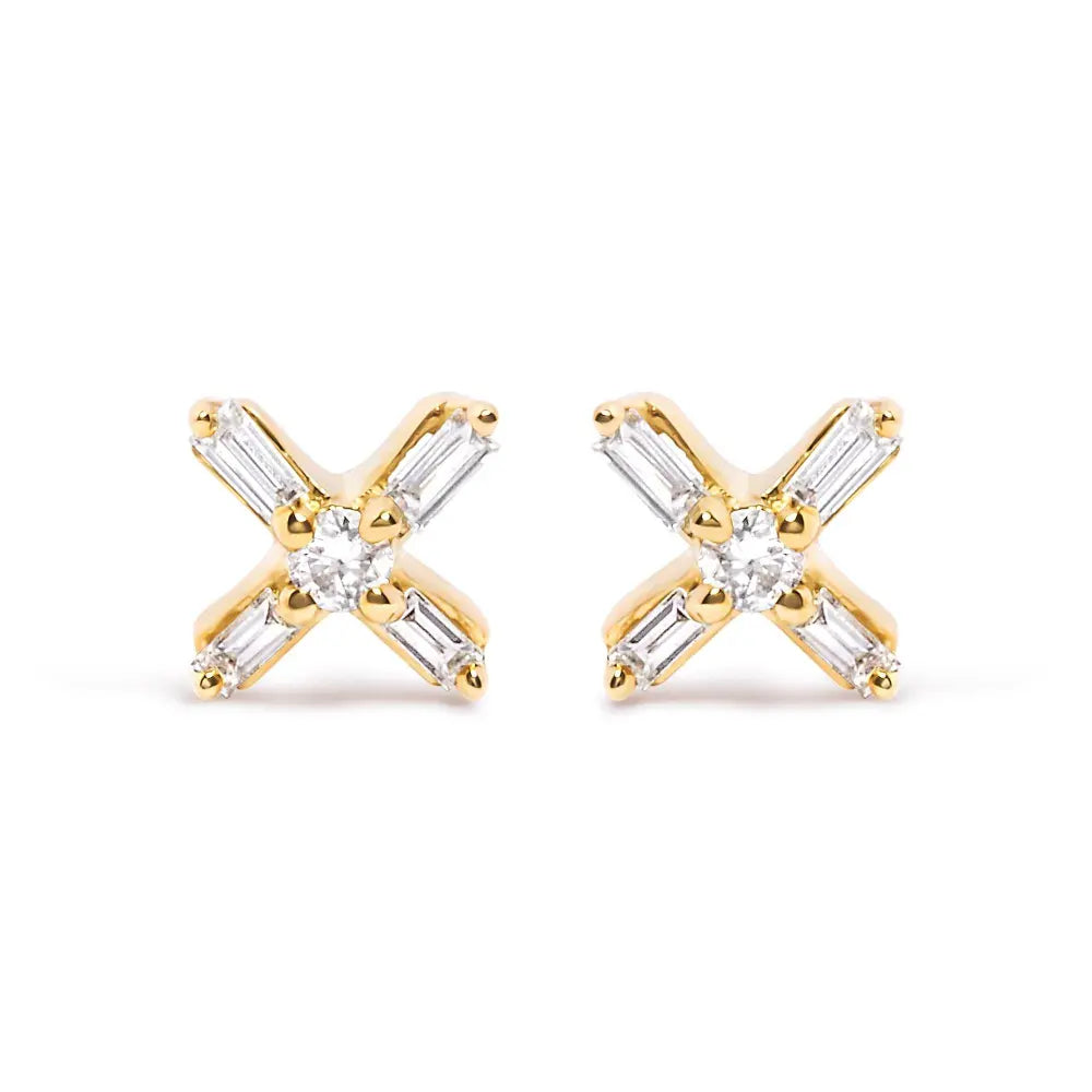 10K Yellow Gold 1/10 Cttw Round and Baguette Diamond Criss Cross X Stud Earring (H-I Color, I1-I2 Clarity) - Bijoux-NYC Direct