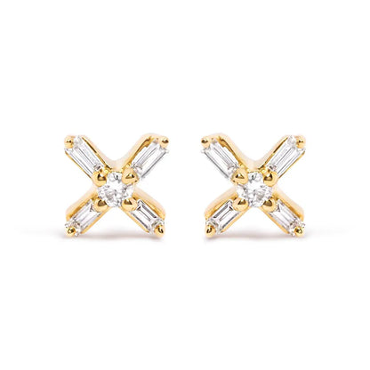 10K Yellow Gold 1/10 Cttw Round and Baguette Diamond Criss Cross X Stud Earring (H-I Color, I1-I2 Clarity) - Bijoux-NYC Direct