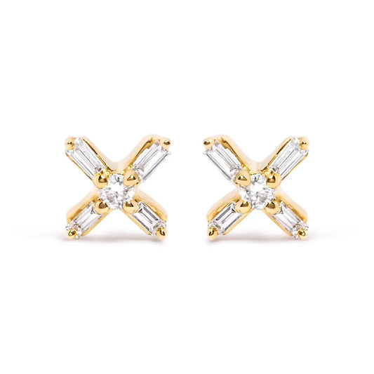 10K Yellow Gold 1/10 Cttw Round and Baguette Diamond Criss Cross X Stud Earring (H-I Color, I1-I2 Clarity) - Bijoux-NYC Direct