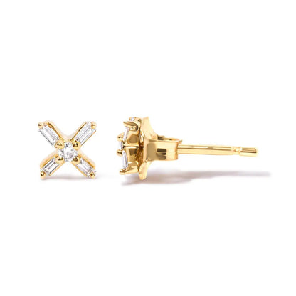 10K Yellow Gold 1/10 Cttw Round and Baguette Diamond Criss Cross X Stud Earring (H-I Color, I1-I2 Clarity) - Bijoux-NYC Direct