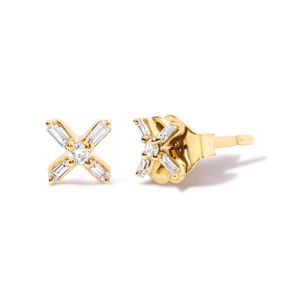 10K Yellow Gold 1/10 Cttw Round and Baguette Diamond Criss Cross X Stud Earring (H-I Color, I1-I2 Clarity) - Bijoux-NYC Direct