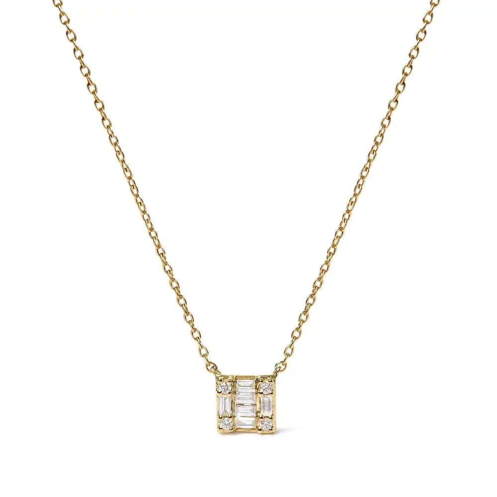 Round & baguette diamond mosaic square pendant necklace in 10k yellow gold – 1/10 cttw bijoux-nyc direct