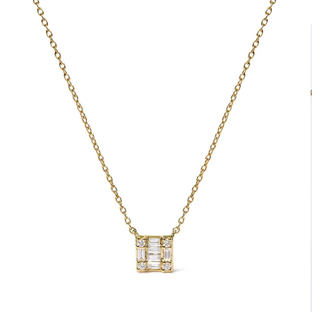 10k yellow gold 1/10 cttw round and baguette diamond mosaic composite square 18’’ inch pendant necklace (h i color i1 i2 clarity)