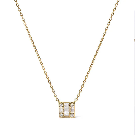 10k yellow gold 1/10 cttw round and baguette diamond mosaic composite square 18’’ inch pendant necklace (h i color i1 i2 clarity)
