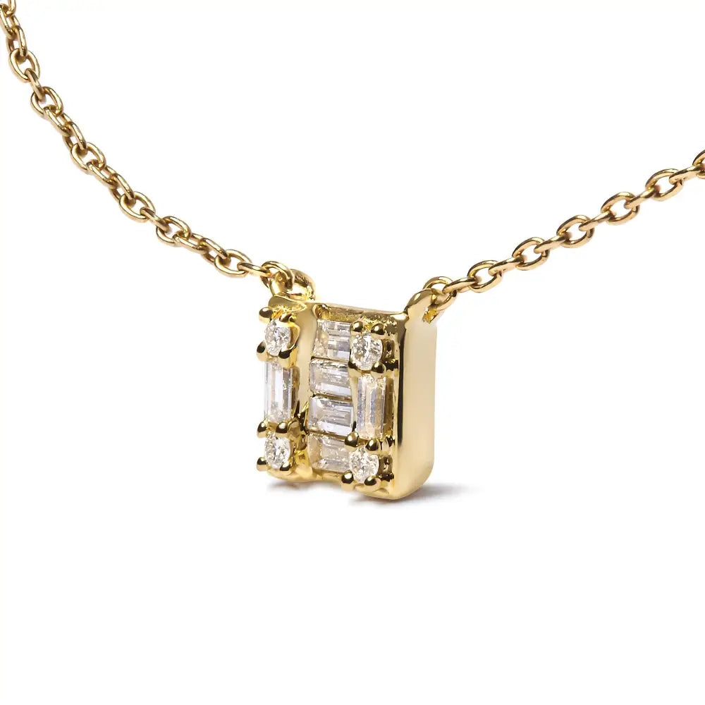 Round & baguette diamond mosaic square pendant necklace in 10k yellow gold – 1/10 cttw bijoux-nyc direct
