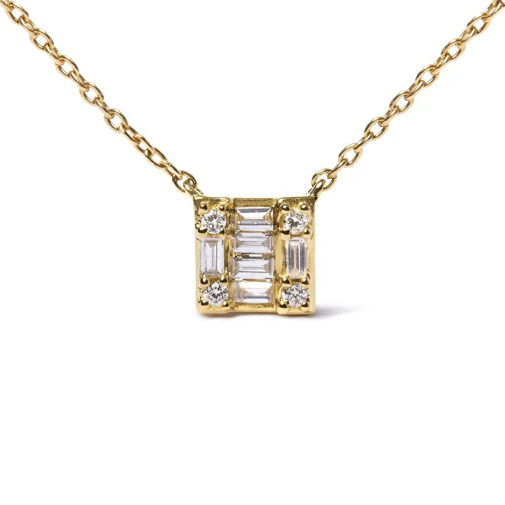 Round & baguette diamond mosaic square pendant necklace in 10k yellow gold – 1/10 cttw bijoux-nyc direct
