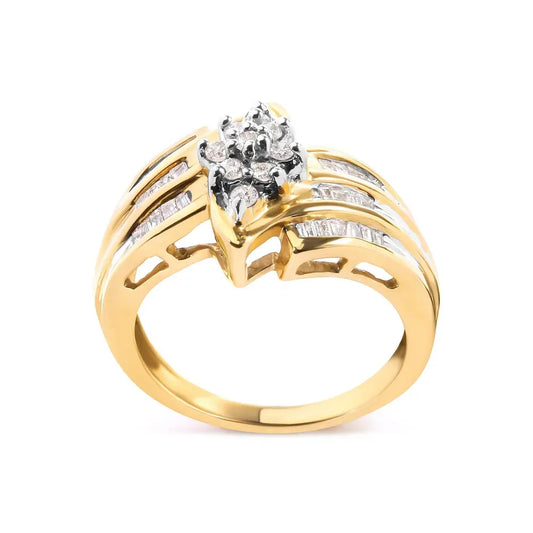 10K Yellow Gold 1/2 Cttw Round And Baguette-cut Diamond Cluster Head and Channel Set Shank Ring (H-I Color, I1-I2 Clarity) - Bijoux-NYC Direct