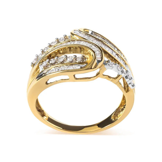 10K Yellow Gold 1/2 Cttw Round and Baguette cut Diamond Open Space Bypass Ring (H-I Color, SI2-I1 Clarity) - Bijoux-NYC Direct