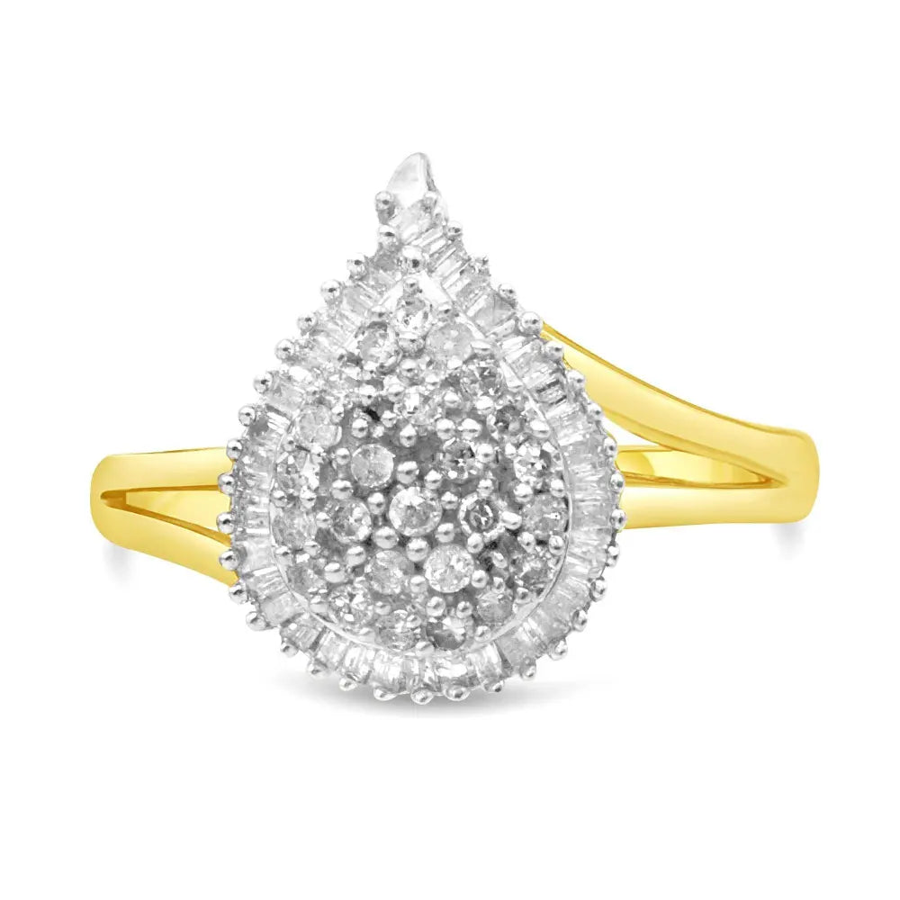 10K Yellow Gold 1/2 Cttw Round and Baguette-Cut Diamond Pear Ring (I-J Color, I1-I2 Clarity) - Bijoux-NYC Direct