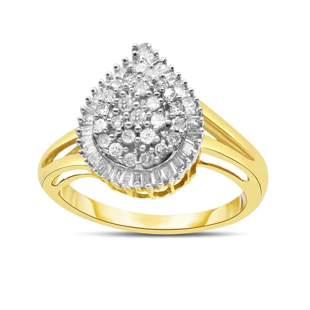 10K Yellow Gold 1/2 Cttw Round and Baguette-Cut Diamond Pear Ring (I-J Color, I1-I2 Clarity) - Bijoux-NYC Direct
