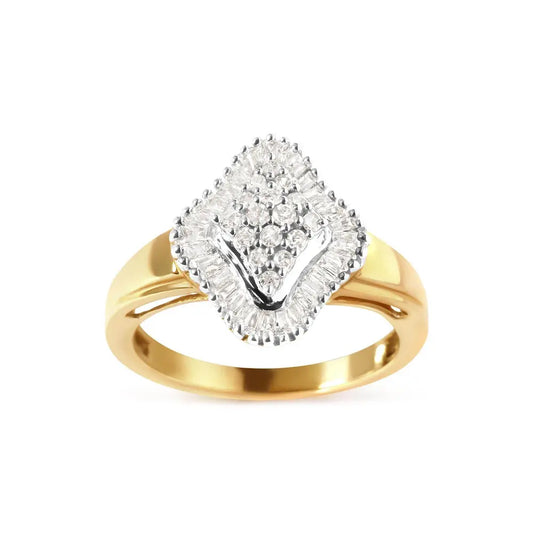 10K Yellow Gold 1/2 Cttw Round And Baguette-cut Diamond Rhombus Head and Halo Ring (I-J Color, I1-I2 Clarity) - Bijoux-NYC Direct
