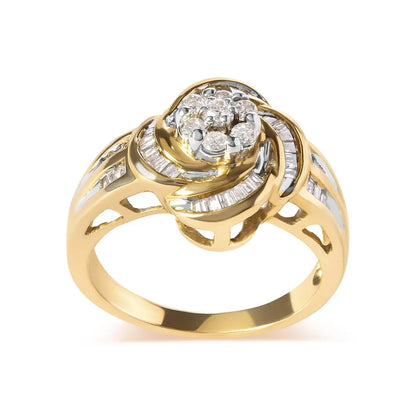 10K Yellow Gold 1/2 Cttw Round and Baguette Diamond Flower Swirl Cocktail Ring (I-J Color, SI2-I1 Clarity) - Bijoux-NYC Direct