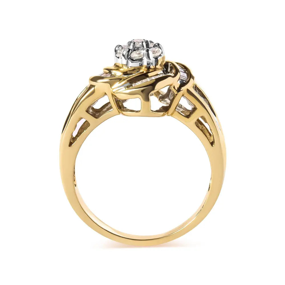 10K Yellow Gold 1/2 Cttw Round and Baguette Diamond Flower Swirl Cocktail Ring (I-J Color, SI2-I1 Clarity) - Bijoux-NYC Direct