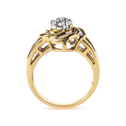 10K Yellow Gold 1/2 Cttw Round and Baguette Diamond Flower Swirl Cocktail Ring (I-J Color, SI2-I1 Clarity) - Bijoux-NYC Direct