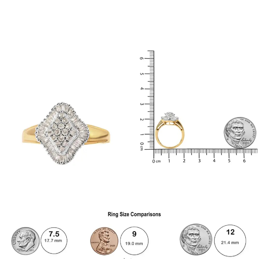 10k yellow gold 1/2 cttw round and baguette diamond rhombus halo ring bijoux-nyc direct