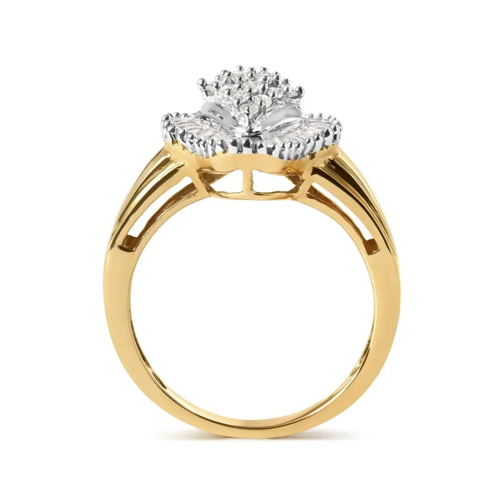 10k yellow gold 1/2 cttw round and baguette diamond rhombus halo ring bijoux-nyc direct
