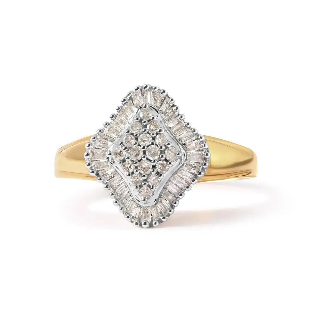10k yellow gold 1/2 cttw round and baguette diamond rhombus halo ring bijoux-nyc direct