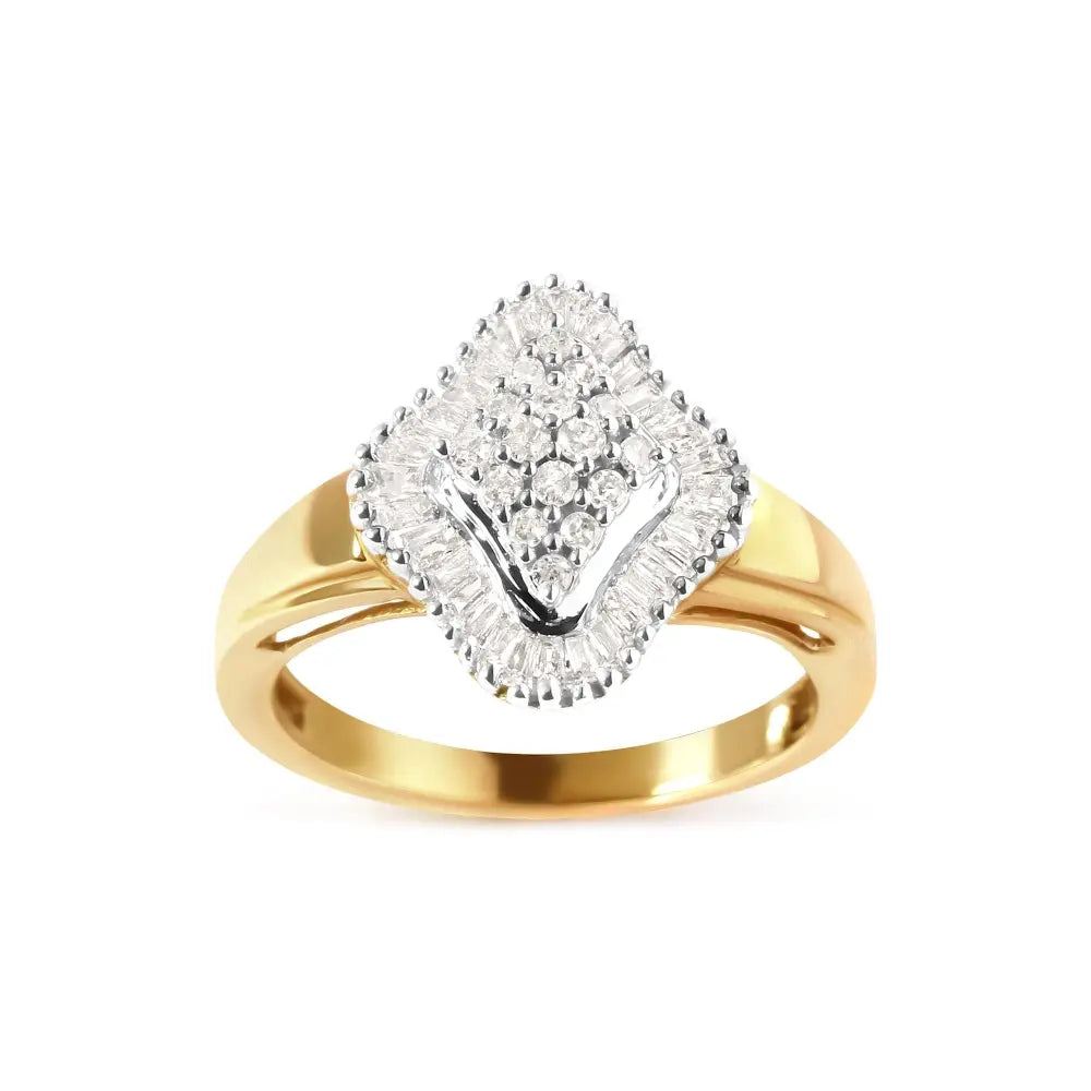 10k yellow gold 1/2 cttw round and baguette diamond rhombus halo ring bijoux-nyc direct