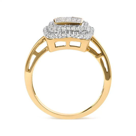 10K Yellow Gold 1/2 cttw Round and Princess Diamond Composite Head and Halo Ring (H-I Color, SI1-SI2 Clarity) - Bijoux-NYC Direct