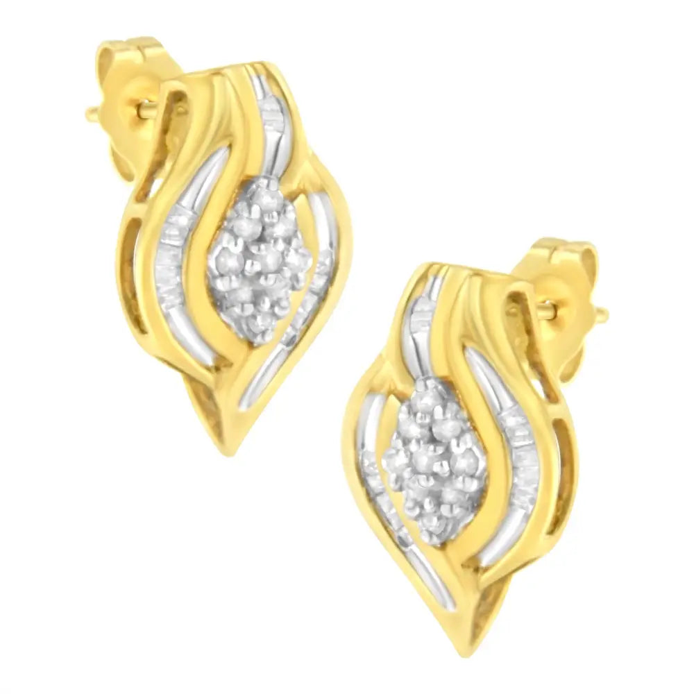 10k yellow gold 1/3 cttw diamond cluster leaf swirl stud earrings bijoux-nyc direct
