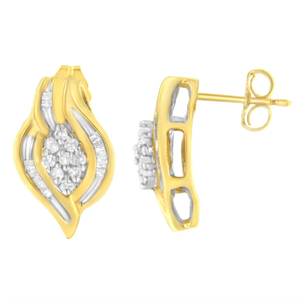 10k yellow gold 1/3 cttw diamond cluster leaf swirl stud earrings bijoux-nyc direct