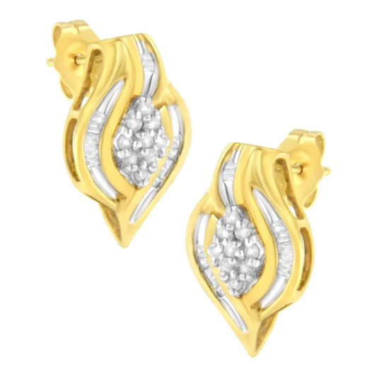 10K Yellow Gold 1/3 cttw Round-Cut Diamond Cluster and Swirl Stud Earrings (J-K Clarity, I2-I3 Color) - Bijoux-NYC Direct