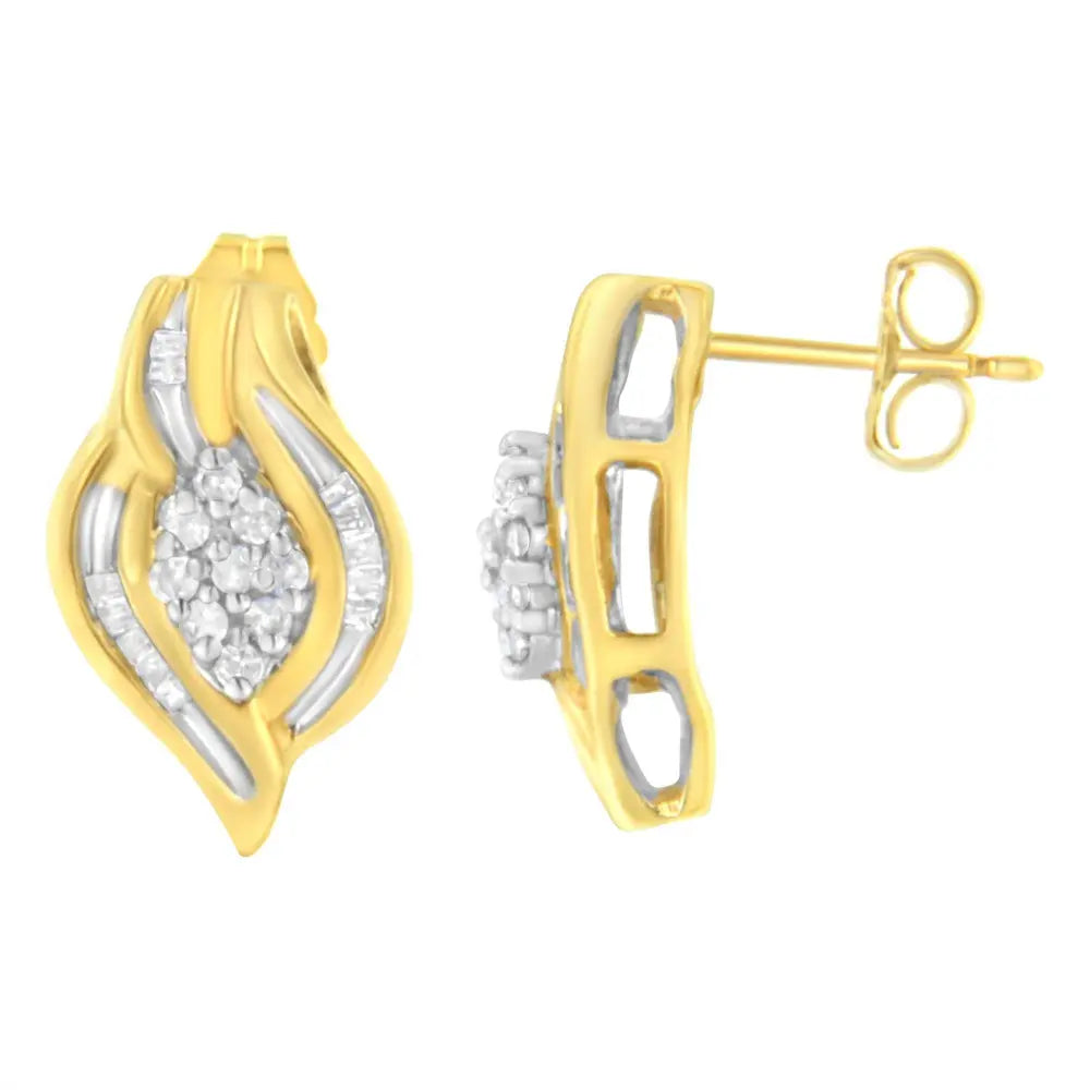 10K Yellow Gold 1/3 cttw Round-Cut Diamond Cluster and Swirl Stud Earrings (J-K Clarity, I2-I3 Color) - Bijoux-NYC Direct