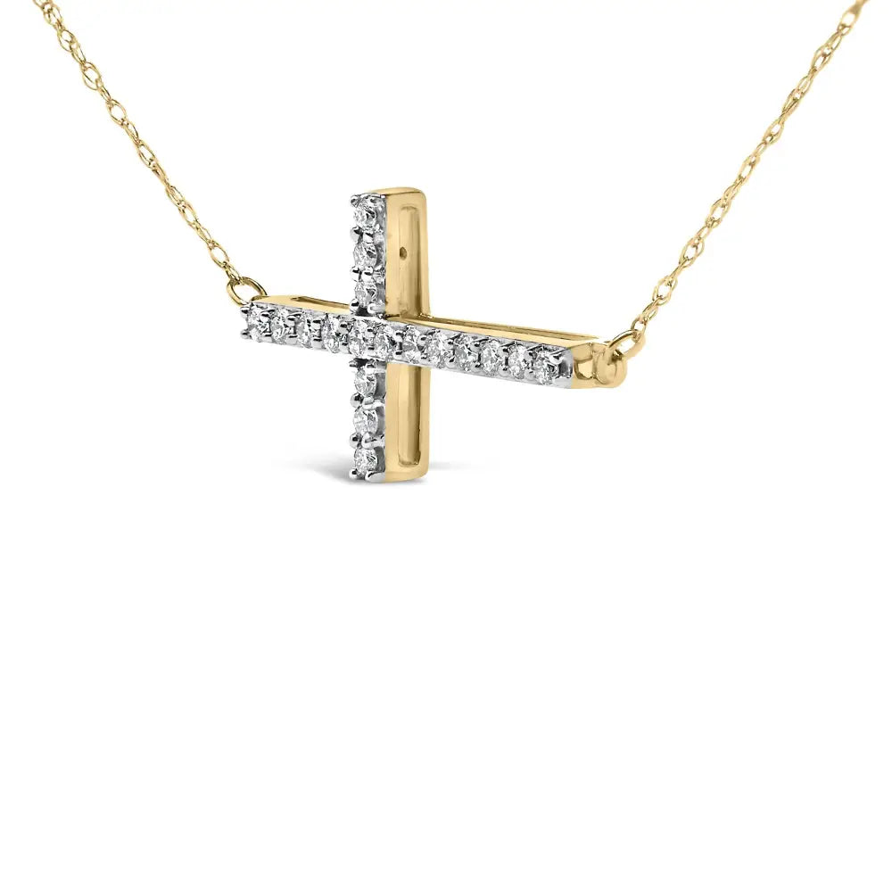10k yellow gold 1/5 cttw diamond sideways cross necklace 18 inch bijoux-nyc direct