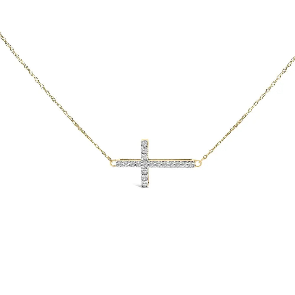 10k yellow gold 1/5 cttw diamond sideways cross necklace 18 inch bijoux-nyc direct
