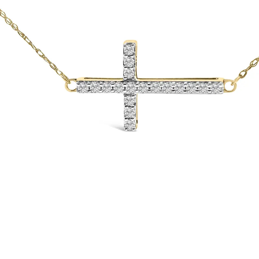 10k yellow gold 1/5 cttw diamond sideways cross necklace 18 inch bijoux-nyc direct