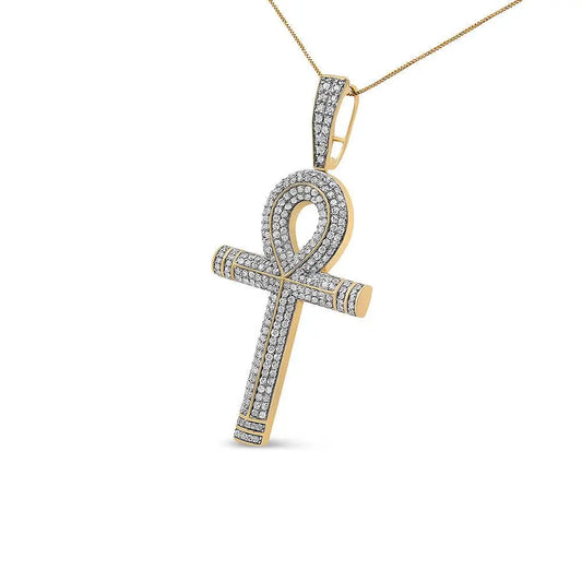 10K Yellow Gold 1 7/8 Cttw Round Diamond Ankh Cross Pendant Necklace for Men (H-I Color, SI1-SI2 Clarity) - NO CHAIN INCLUDED - Bijoux-NYC Direct