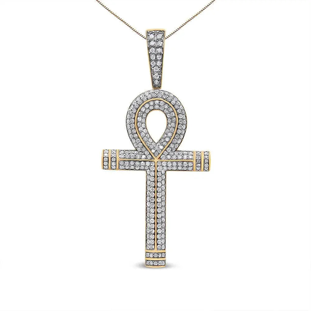 10K Yellow Gold 1 7/8 Cttw Round Diamond Ankh Cross Pendant Necklace for Men (H-I Color, SI1-SI2 Clarity) - NO CHAIN INCLUDED - Bijoux-NYC Direct