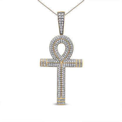 10K Yellow Gold 1 7/8 Cttw Round Diamond Ankh Cross Pendant Necklace for Men (H-I Color, SI1-SI2 Clarity) - NO CHAIN INCLUDED - Bijoux-NYC Direct