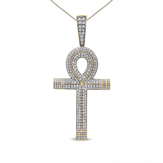 10K Yellow Gold 1 7/8 Cttw Round Diamond Ankh Cross Pendant Necklace for Men (H-I Color, SI1-SI2 Clarity) - NO CHAIN INCLUDED - Bijoux-NYC Direct