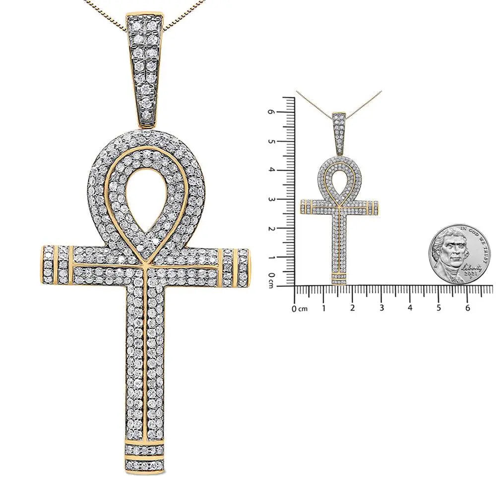 10K Yellow Gold 1 7/8 Cttw Round Diamond Ankh Cross Pendant Necklace for Men (H-I Color, SI1-SI2 Clarity) - NO CHAIN INCLUDED - Bijoux-NYC Direct