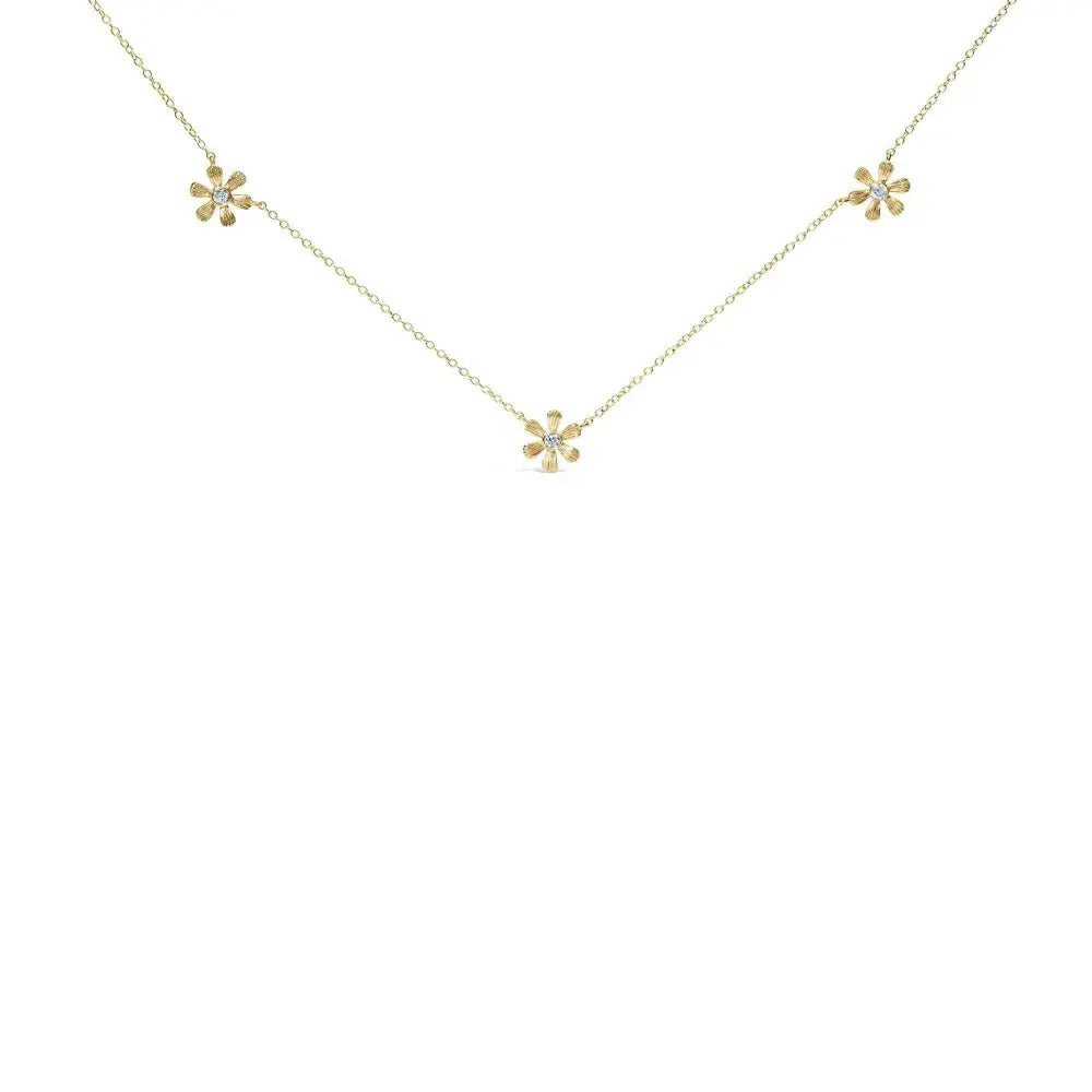 10K Yellow Gold 1/8 Cttw Diamond Floral Station Chain Necklace (I-J Color, I1-I2 Clarity) - Bijoux-NYC Direct