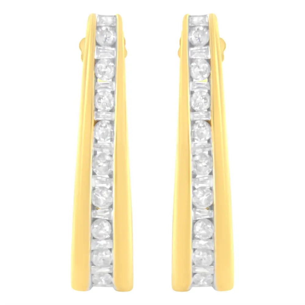 10k yellow gold 1 ct tdw round and baguette diamond j-hoop earrings bijoux-nyc direct