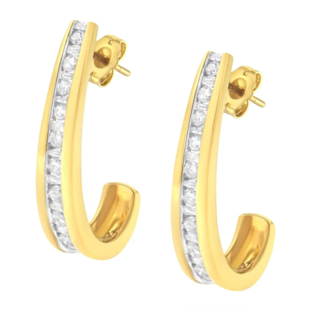 10k yellow gold 1 ct tdw round and baguette diamond j-hoop earrings bijoux-nyc direct