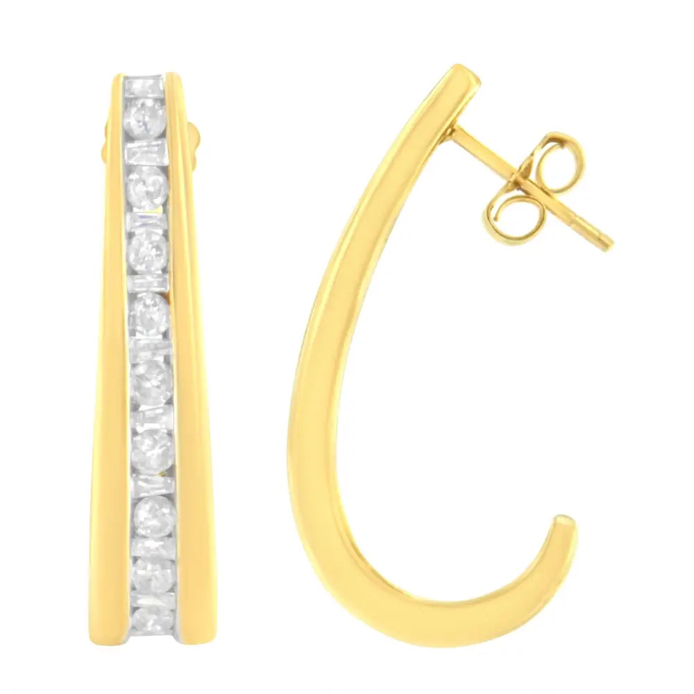10k yellow gold 1 ct tdw round and baguette diamond j-hoop earrings bijoux-nyc direct