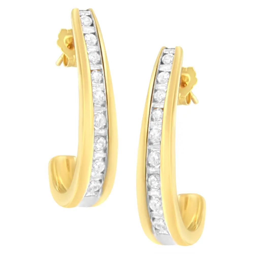 10k yellow gold 1 ct tdw round and baguette diamond j-hoop earrings bijoux-nyc direct