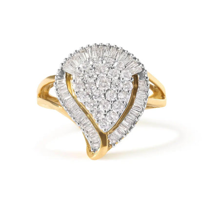 10K Yellow Gold 1 Cttw Round and Baguette Cut Diamond Ballerina Cluster Ring (H-I Color, SI2-I1 Clarity) - Bijoux-NYC Direct