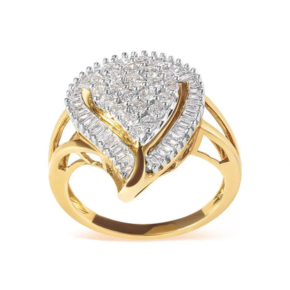 10K Yellow Gold 1 Cttw Round and Baguette Cut Diamond Ballerina Cluster Ring (H-I Color, SI2-I1 Clarity) - Bijoux-NYC Direct