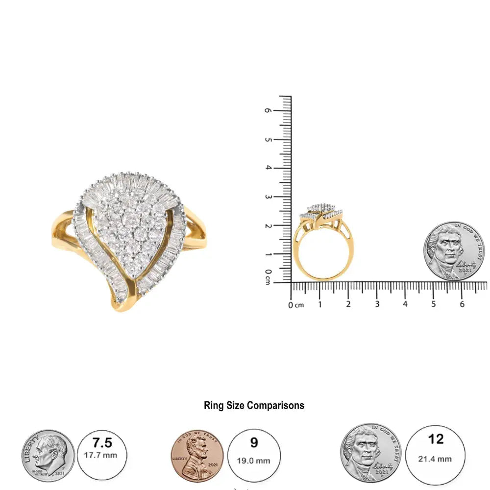 10K Yellow Gold 1 Cttw Round and Baguette Cut Diamond Ballerina Cluster Ring (H-I Color, SI2-I1 Clarity) - Bijoux-NYC Direct