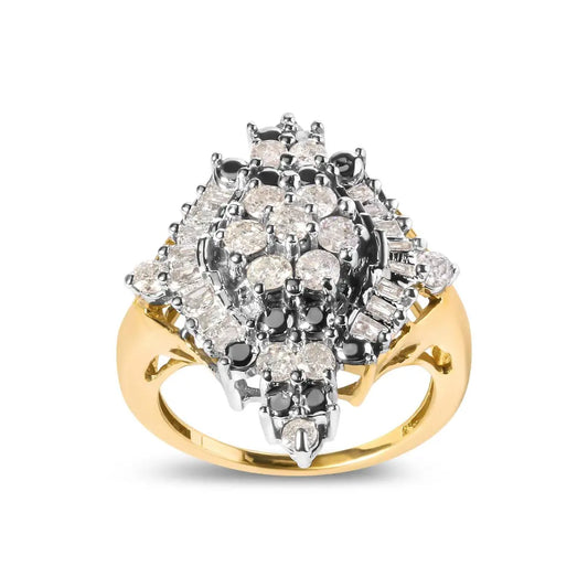 10K Yellow Gold 1 Cttw Round and Baguette cut Diamond Cluster and Rhombus Halo Ring (H-I Color, I1-I2 Clarity) - Bijoux-NYC Direct