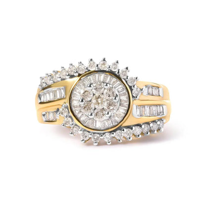 10K Yellow Gold 1 Cttw Round and Baguette cut Diamond Cluster Swirl Band Ring (H-I Color, I1-I2 Clarity) - Bijoux-NYC Direct