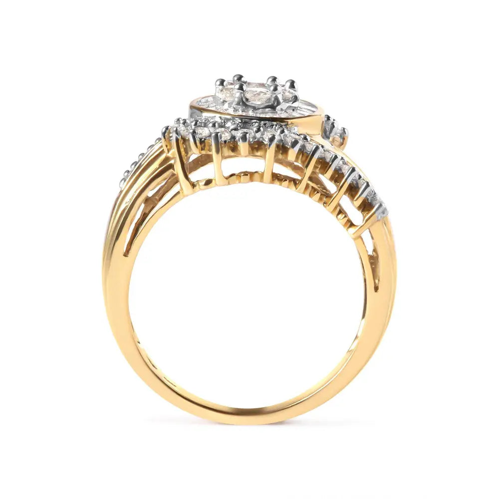 10K Yellow Gold 1 Cttw Round and Baguette cut Diamond Cluster Swirl Band Ring (H-I Color, I1-I2 Clarity) - Bijoux-NYC Direct