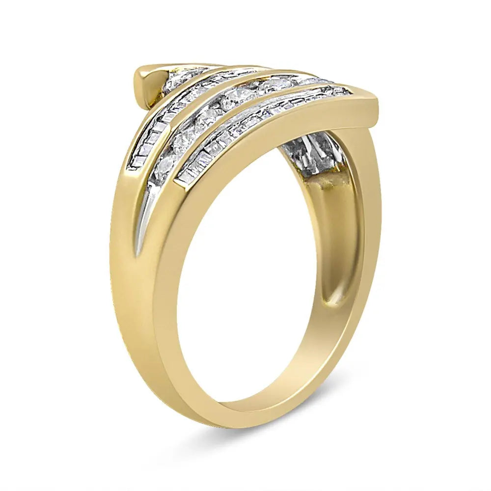 10K Yellow Gold 1 Cttw Round and Baguette-Cut Diamond Multi Row Bypass Ring Band (H-I Color, I1-I2 Clarity) - Bijoux-NYC Direct