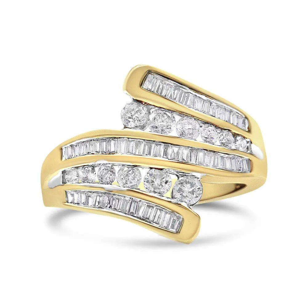 10K Yellow Gold 1 Cttw Round and Baguette-Cut Diamond Multi Row Bypass Ring Band (H-I Color, I1-I2 Clarity) - Bijoux-NYC Direct