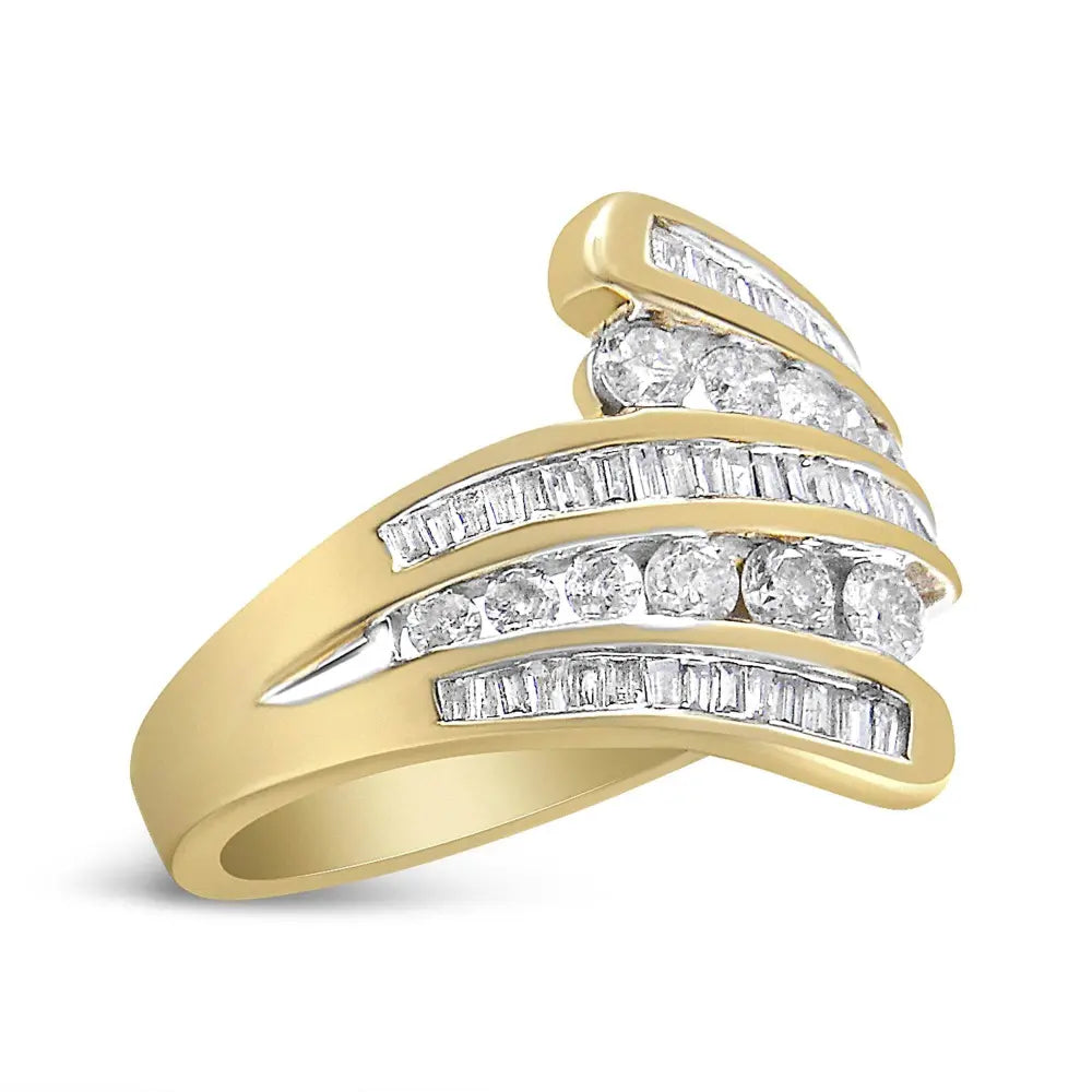 10K Yellow Gold 1 Cttw Round and Baguette-Cut Diamond Multi Row Bypass Ring Band (H-I Color, I1-I2 Clarity) - Bijoux-NYC Direct